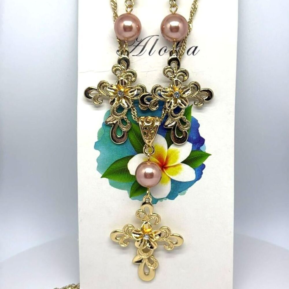 Pearl Cross Necklace and Earrings Set